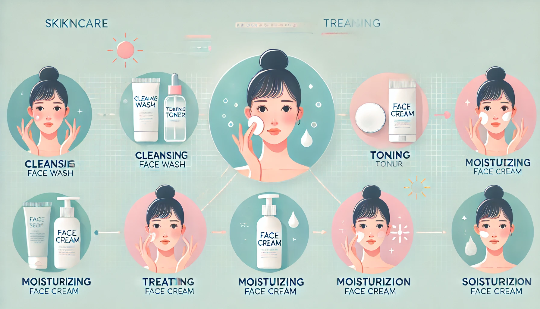 A step-by-step visual of cleansing, toning, treating, moisturizing, and sun protection.